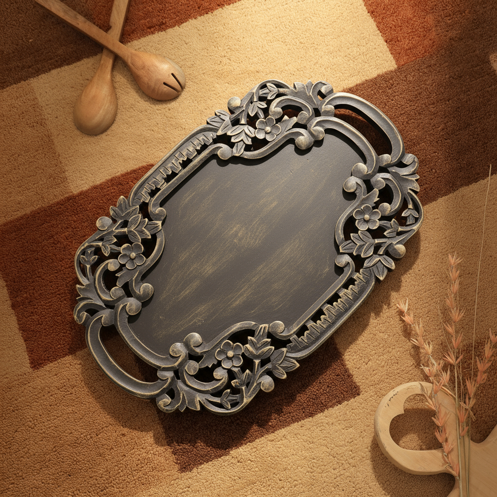 Black Adirondack Carved Wood Serving Tray with Handles