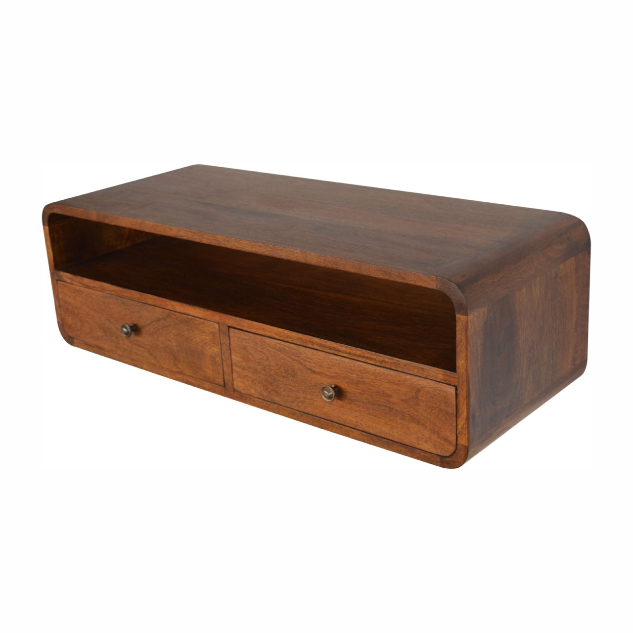 Space-Saving Solid Mango Wood Wall-mounted Console – Chestnut Finish, 2 Drawers