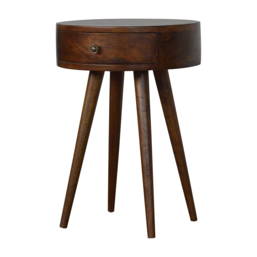 Contemporary Solid Mango Wood Bedside Table – Chestnut Finish, Circular Design