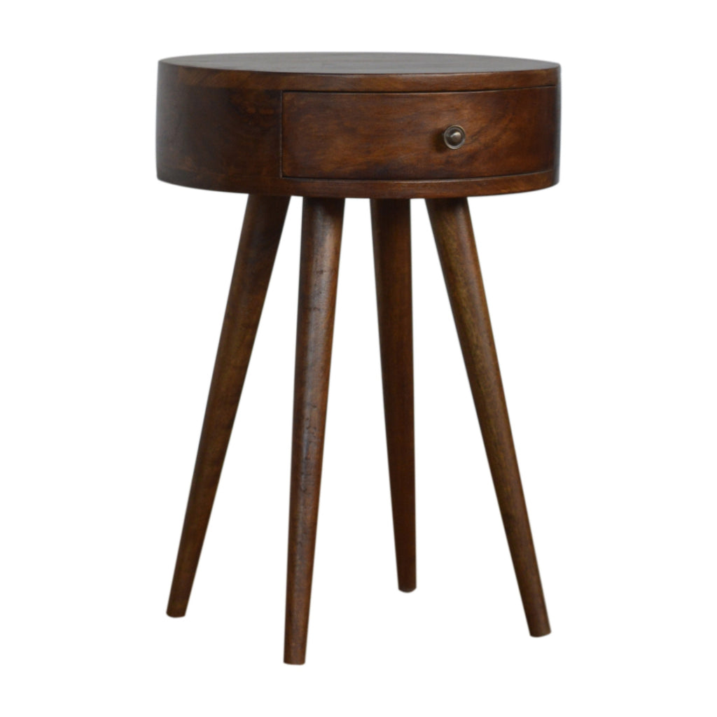 Contemporary Solid Mango Wood Bedside Table – Chestnut Finish, Circular Design