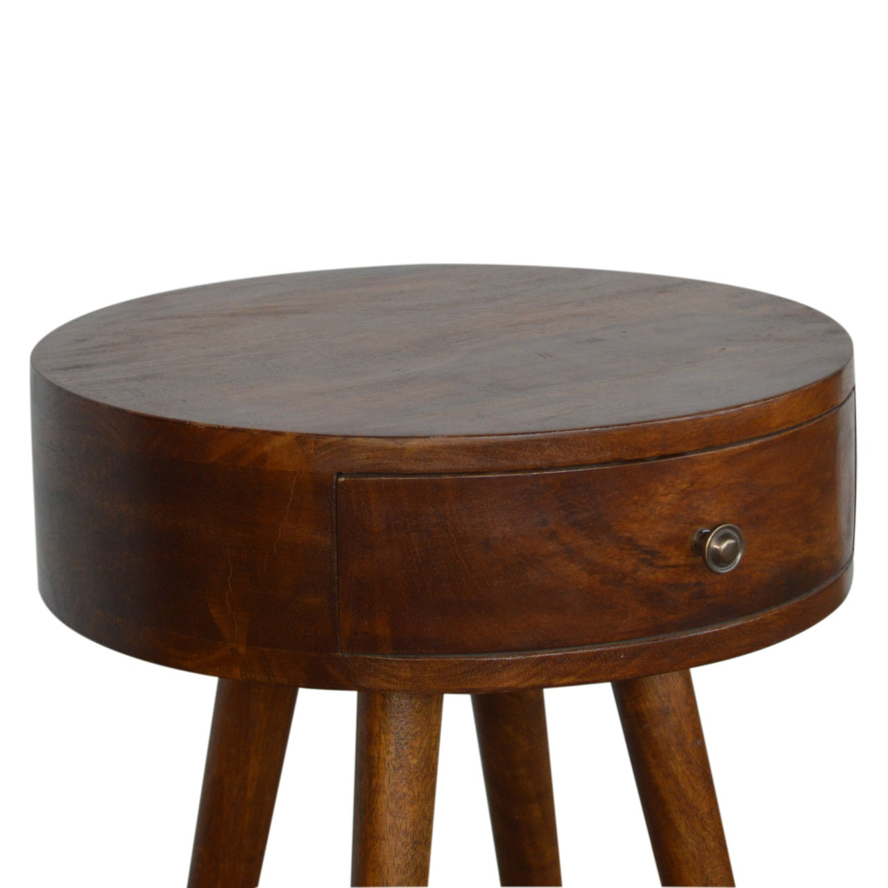 Contemporary Solid Mango Wood Bedside Table – Chestnut Finish, Circular Design