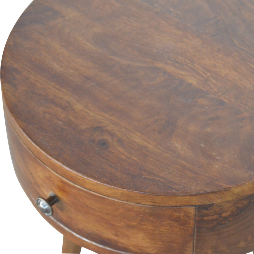 Contemporary Solid Mango Wood Bedside Table – Chestnut Finish, Circular Design