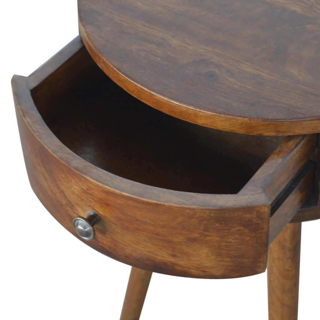 Contemporary Solid Mango Wood Bedside Table – Chestnut Finish, Circular Design