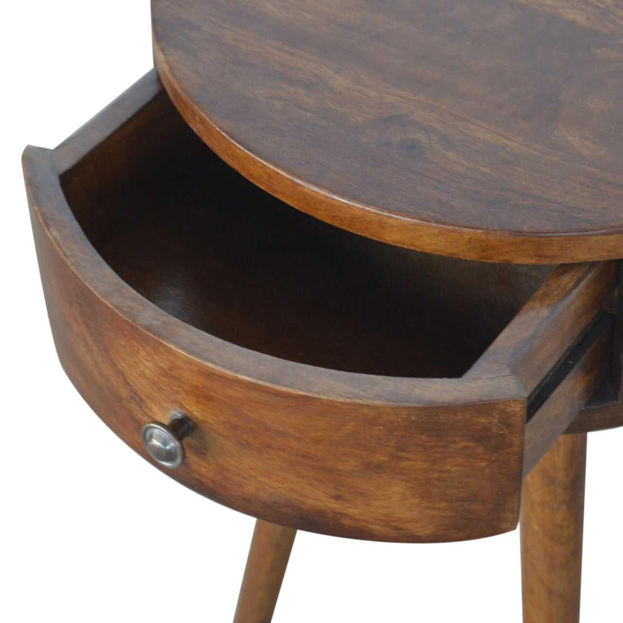 Contemporary Solid Mango Wood Bedside Table – Chestnut Finish, Circular Design