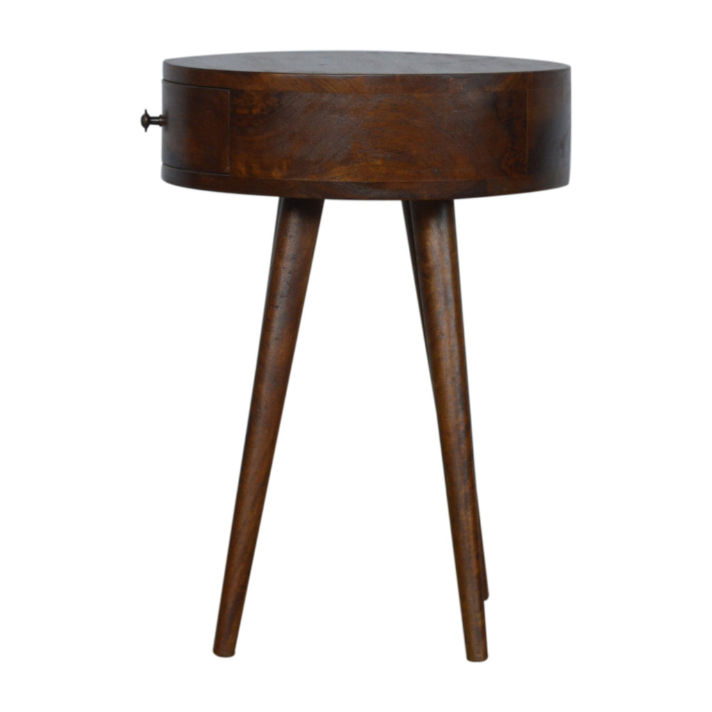 Contemporary Solid Mango Wood Bedside Table – Chestnut Finish, Circular Design
