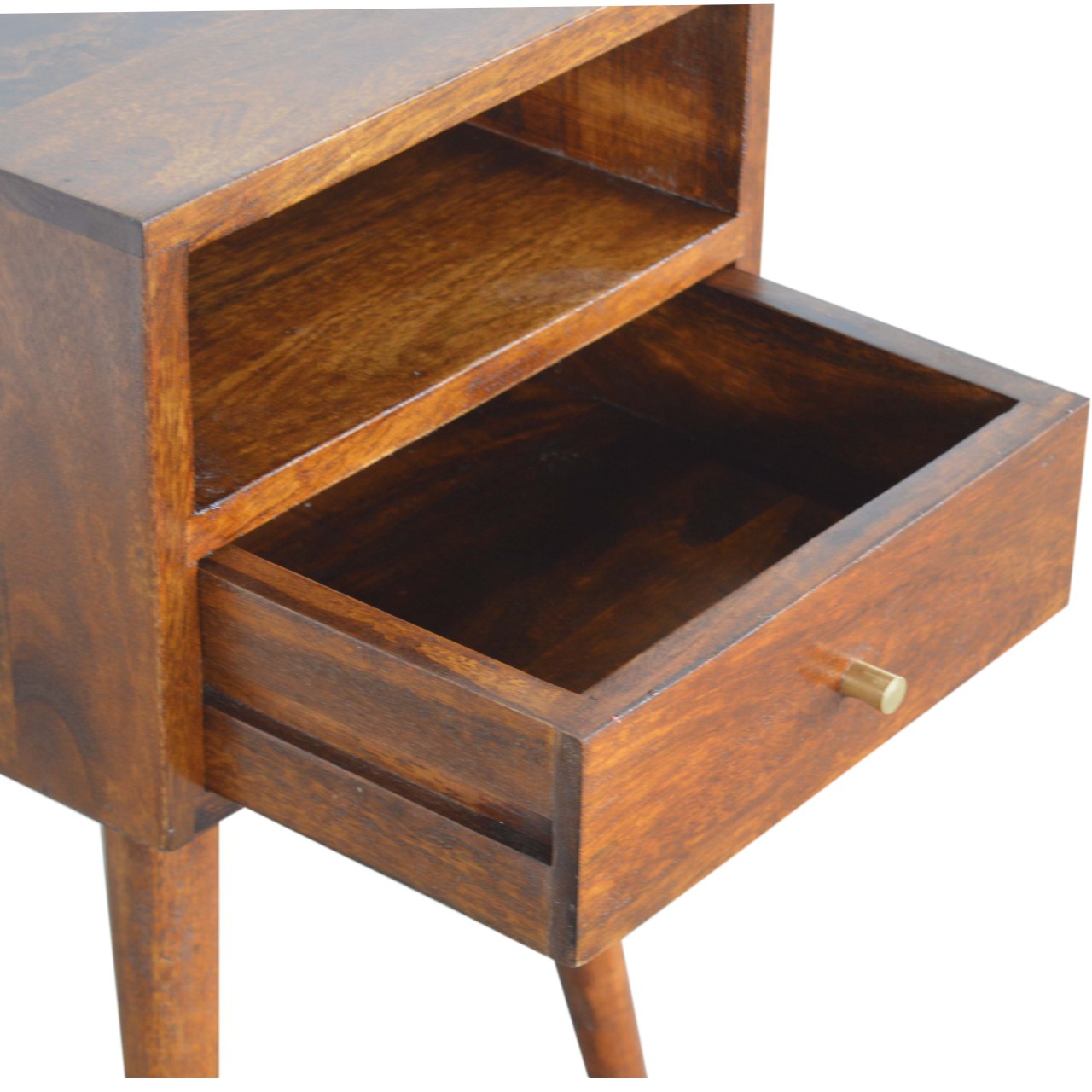 Space-Saving Solid Mango Wood Bedside Table – Chestnut Finish, 1 Drawer