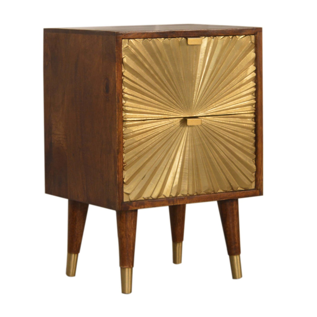 Compact Solid Mango Wood Bedside Table – Chestnut Finish, Brass-plated Drawers