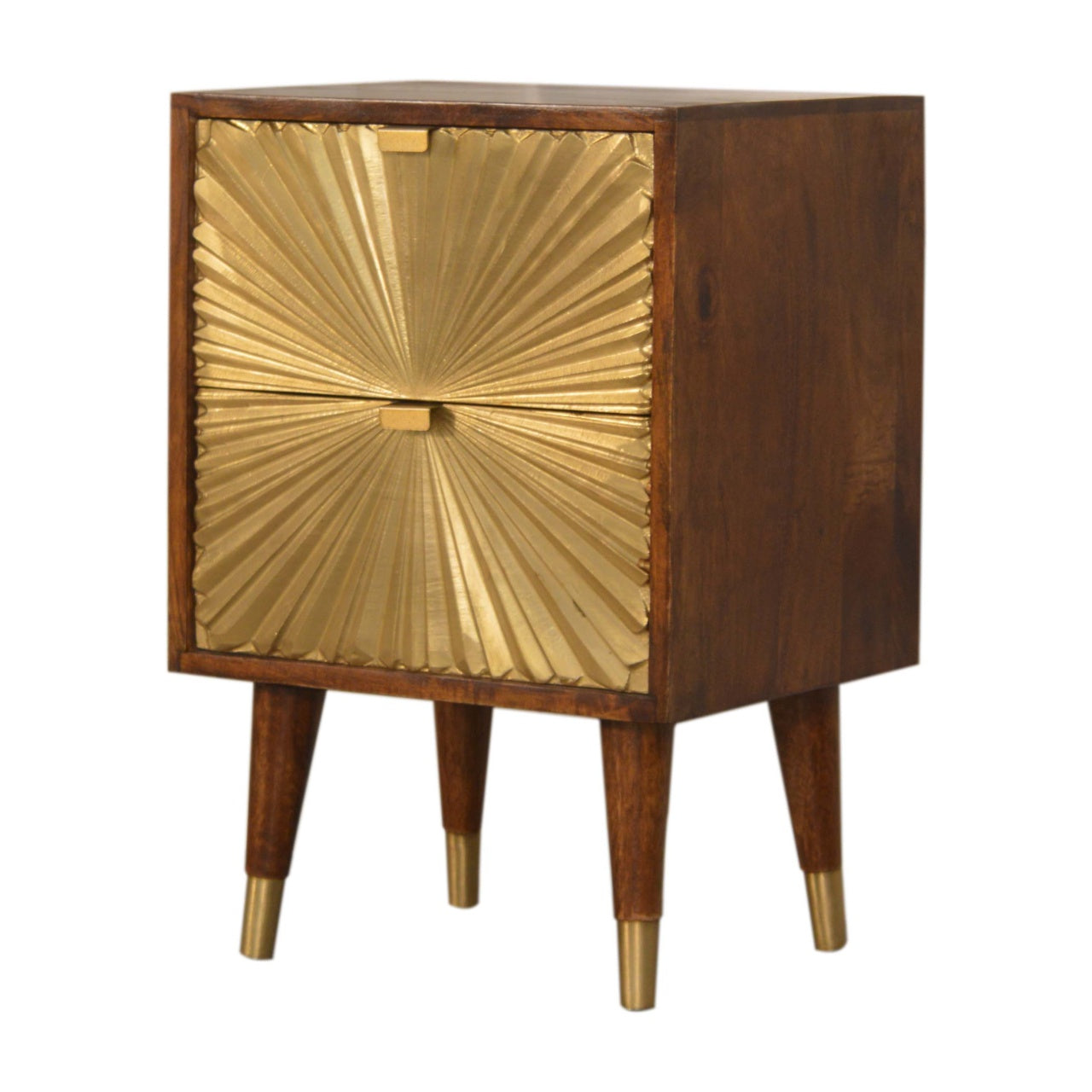 Compact Solid Mango Wood Bedside Table – Chestnut Finish, Brass-plated Drawers