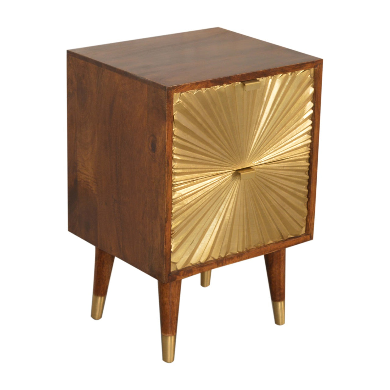 Compact Solid Mango Wood Bedside Table – Chestnut Finish, Brass-plated Drawers