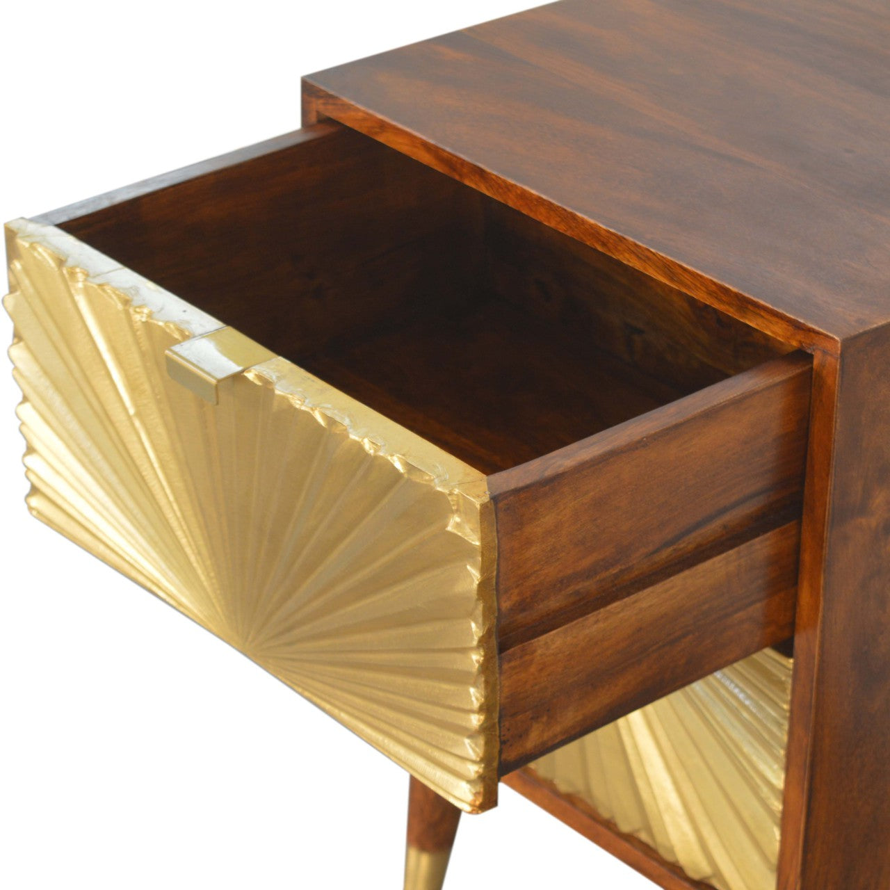 Compact Solid Mango Wood Bedside Table – Chestnut Finish, Brass-plated Drawers