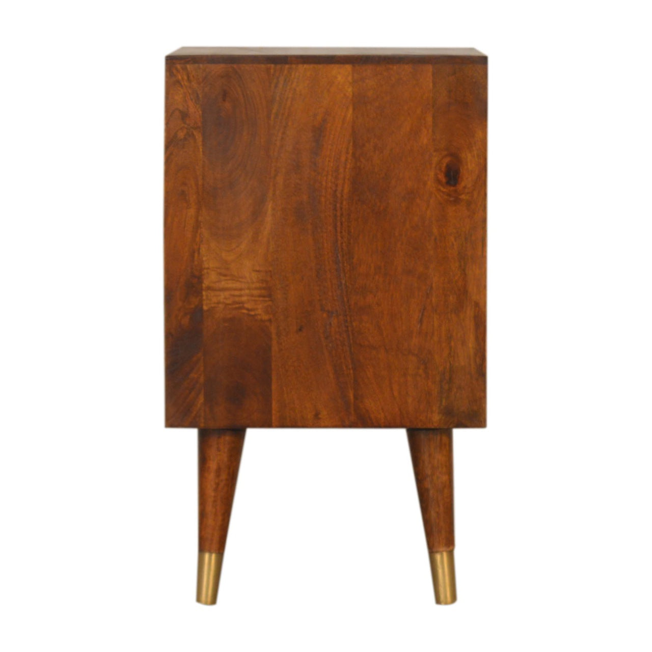 Compact Solid Mango Wood Bedside Table – Chestnut Finish, Brass-plated Drawers