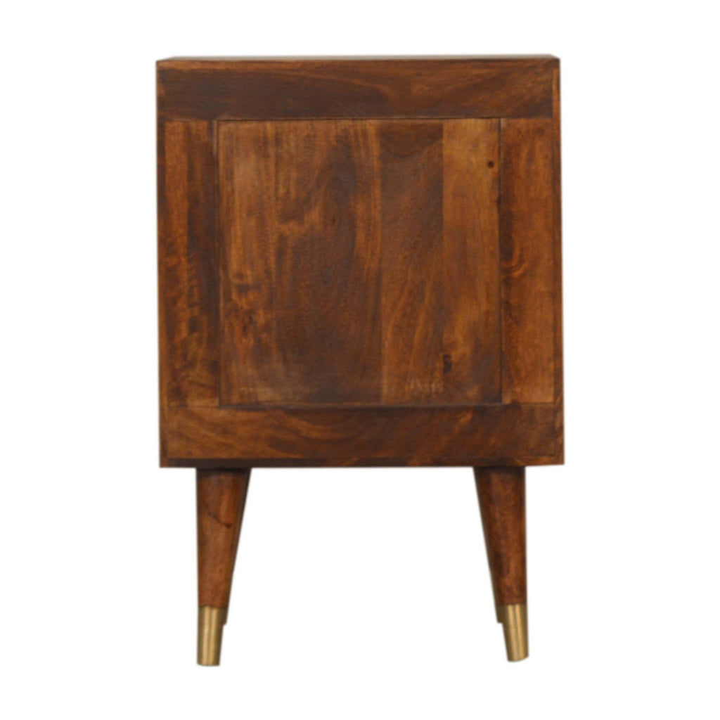 Compact Solid Mango Wood Bedside Table – Chestnut Finish, Brass-plated Drawers
