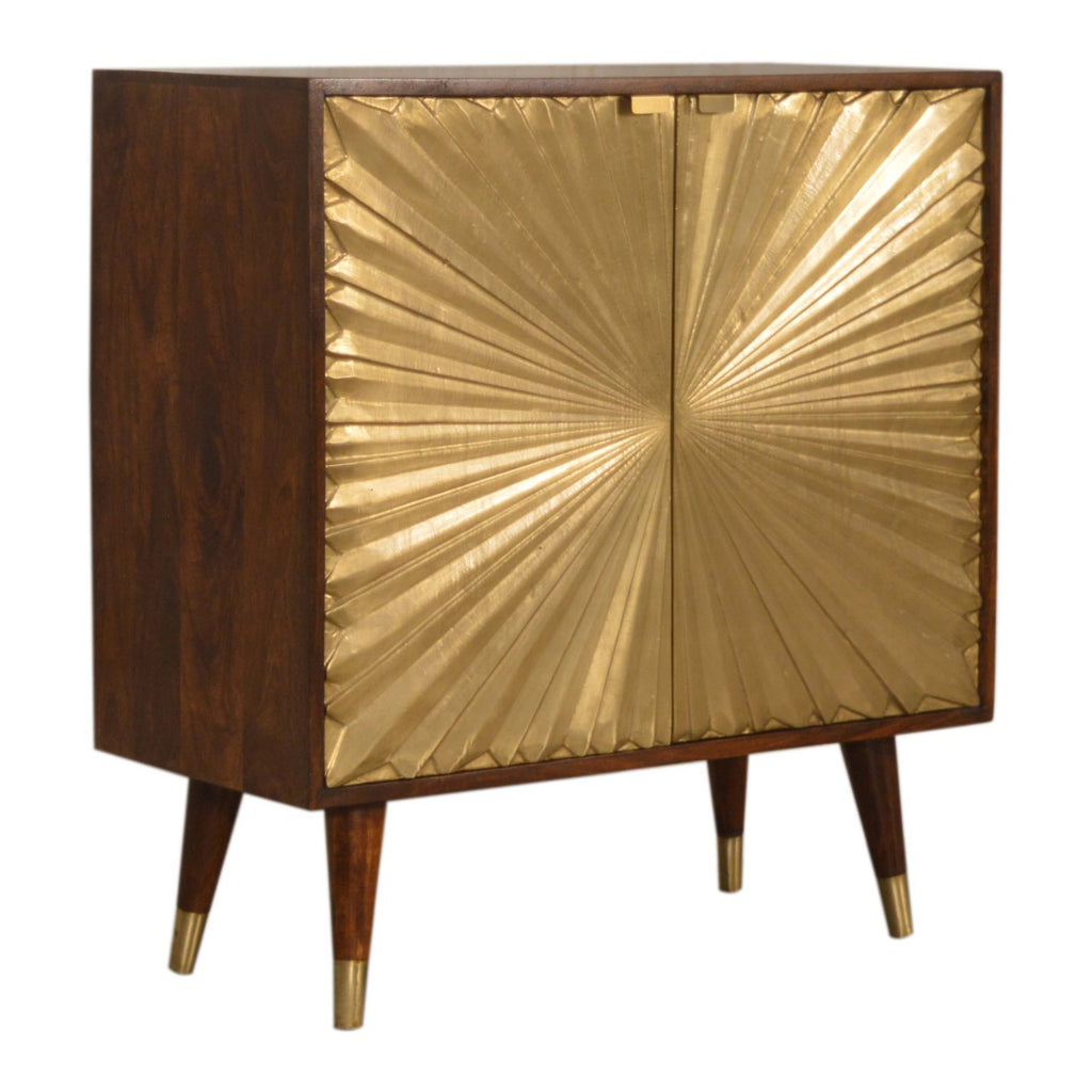 Handcrafted Solid Mango Wood Cabinet – Chestnut Finish, Brass-plated Doors
