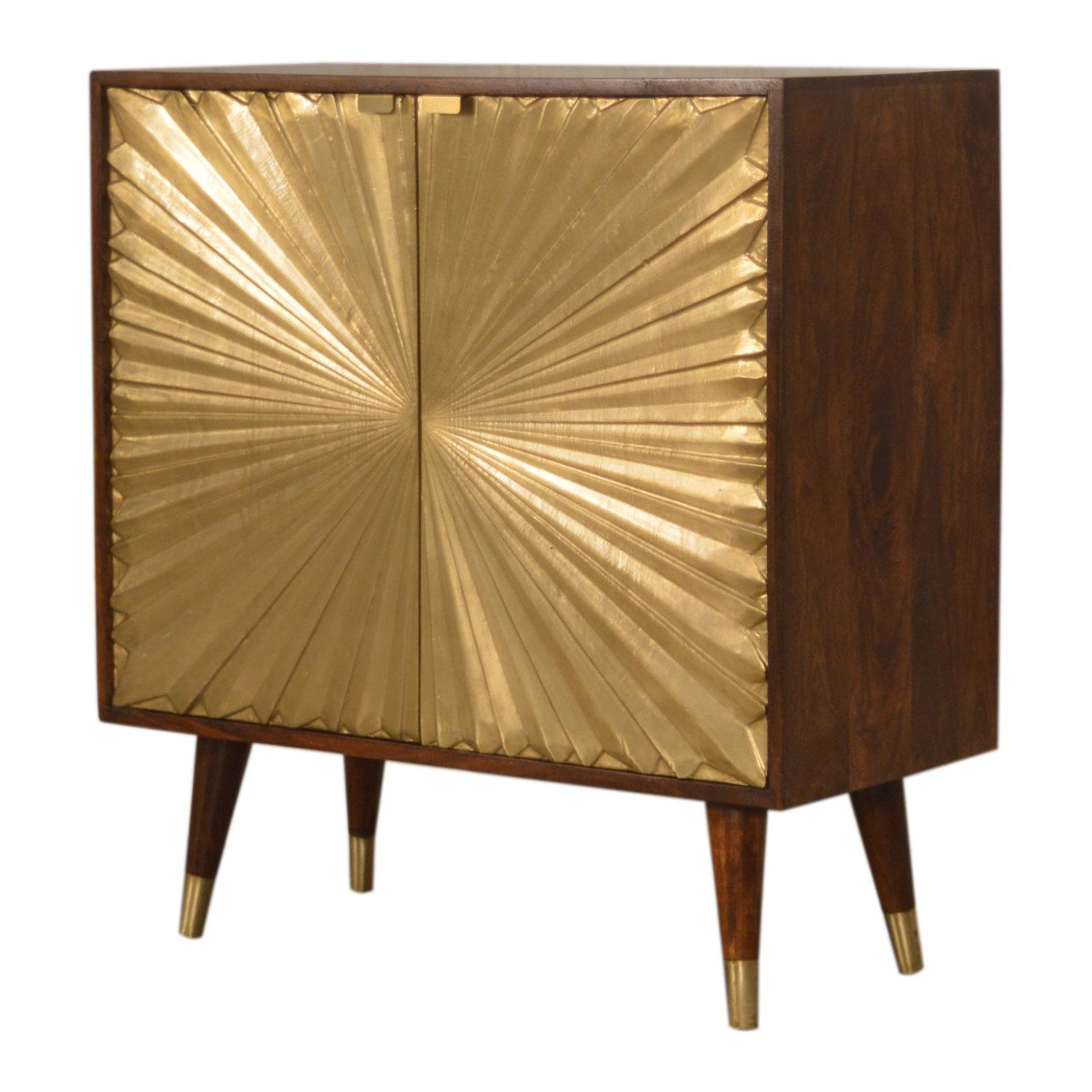 Handcrafted Solid Mango Wood Cabinet – Chestnut Finish, Brass-plated Doors