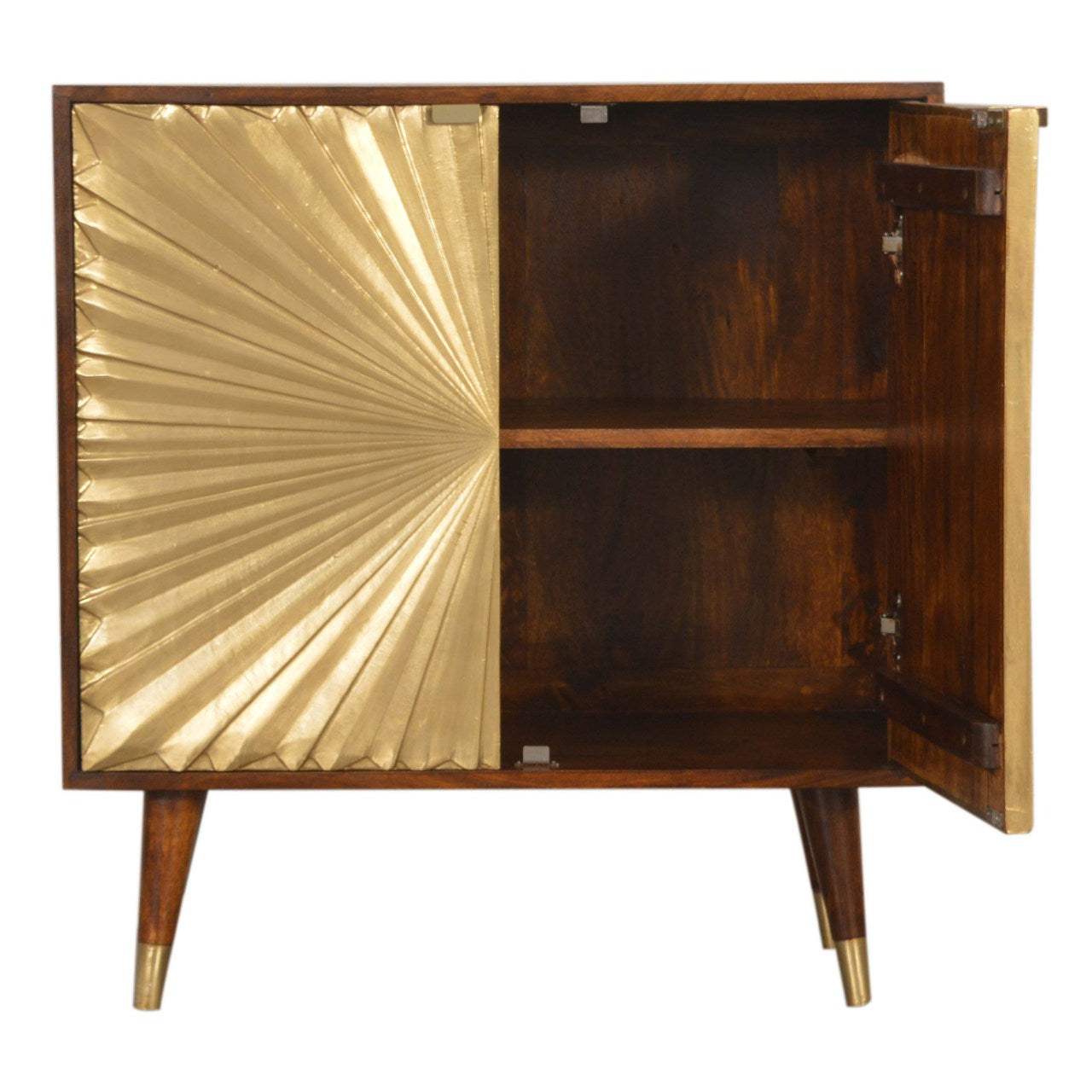 Handcrafted Solid Mango Wood Cabinet – Chestnut Finish, Brass-plated Doors