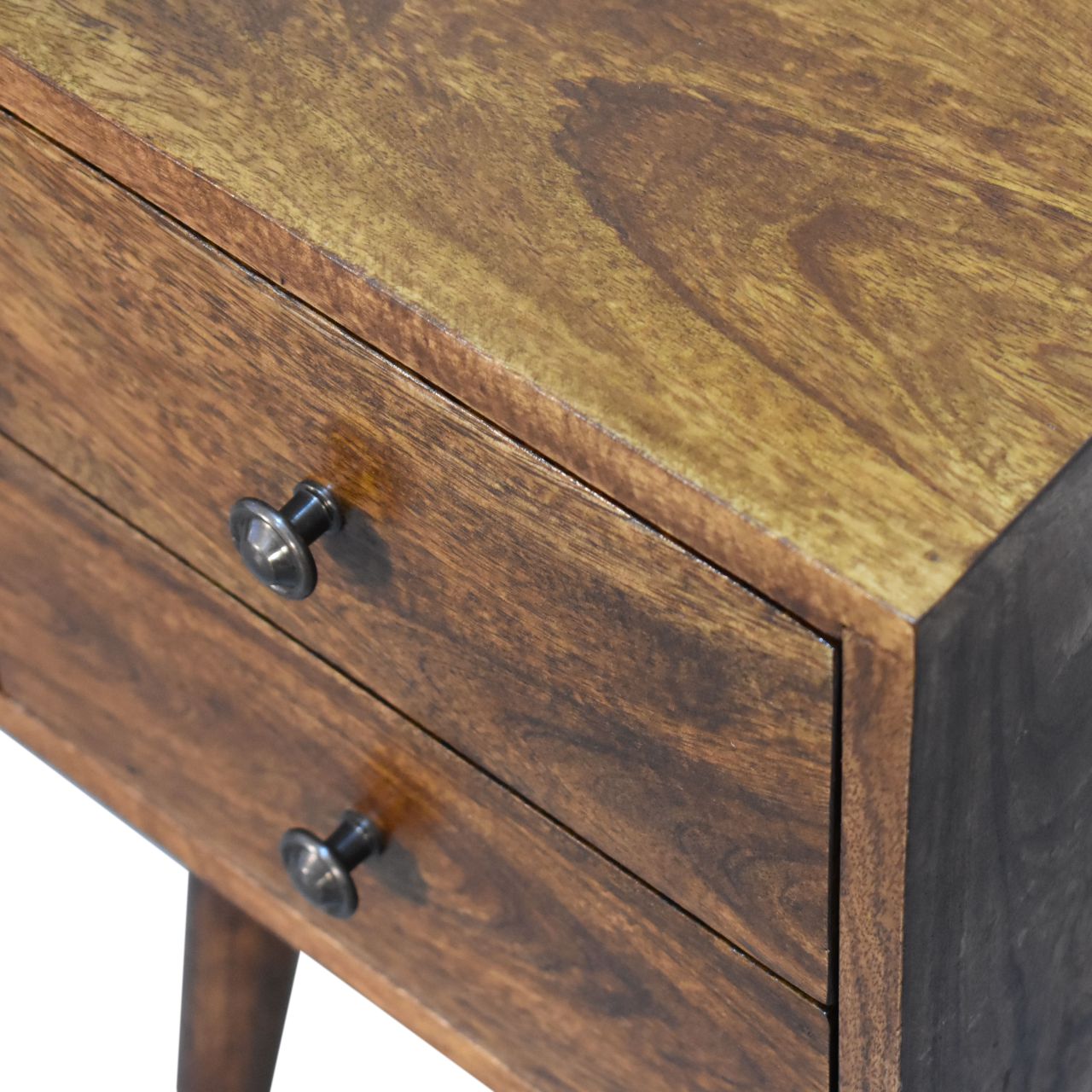Space-Saving Solid Mango Wood Bedside Table – Chestnut Finish, 2 Small Drawers