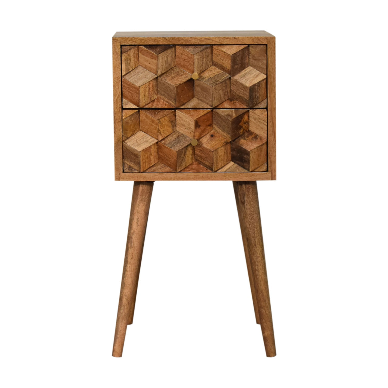 Compact Solid Mango Wood Bedside Table – Beige Finish, 2 Cube Carved Drawers