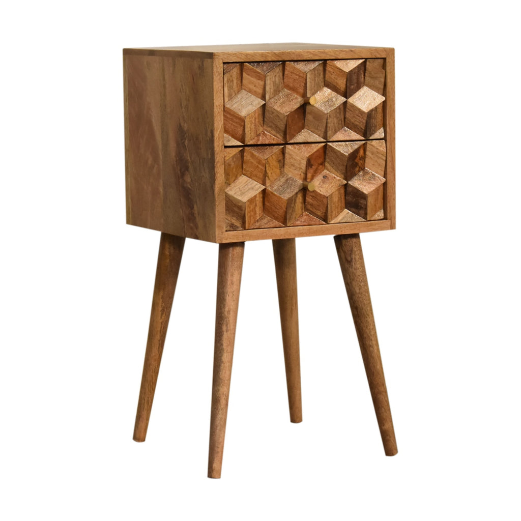 Compact Solid Mango Wood Bedside Table – Beige Finish, 2 Cube Carved Drawers