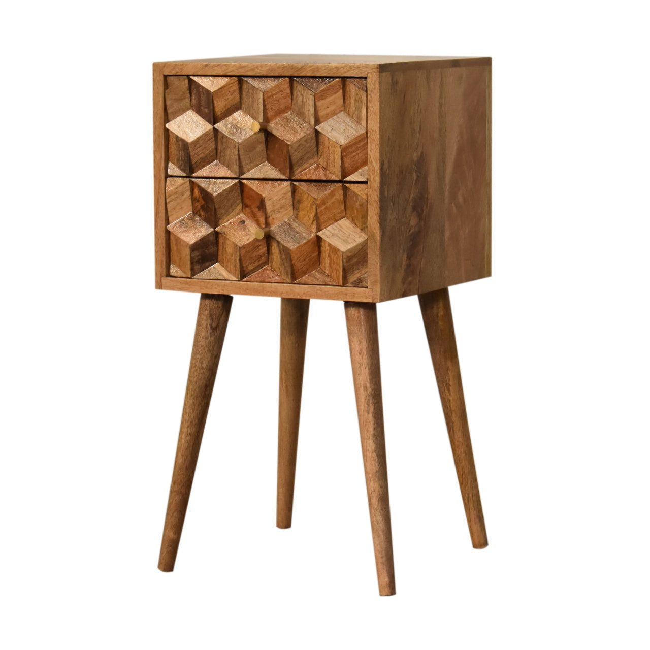Compact Solid Mango Wood Bedside Table – Beige Finish, 2 Cube Carved Drawers