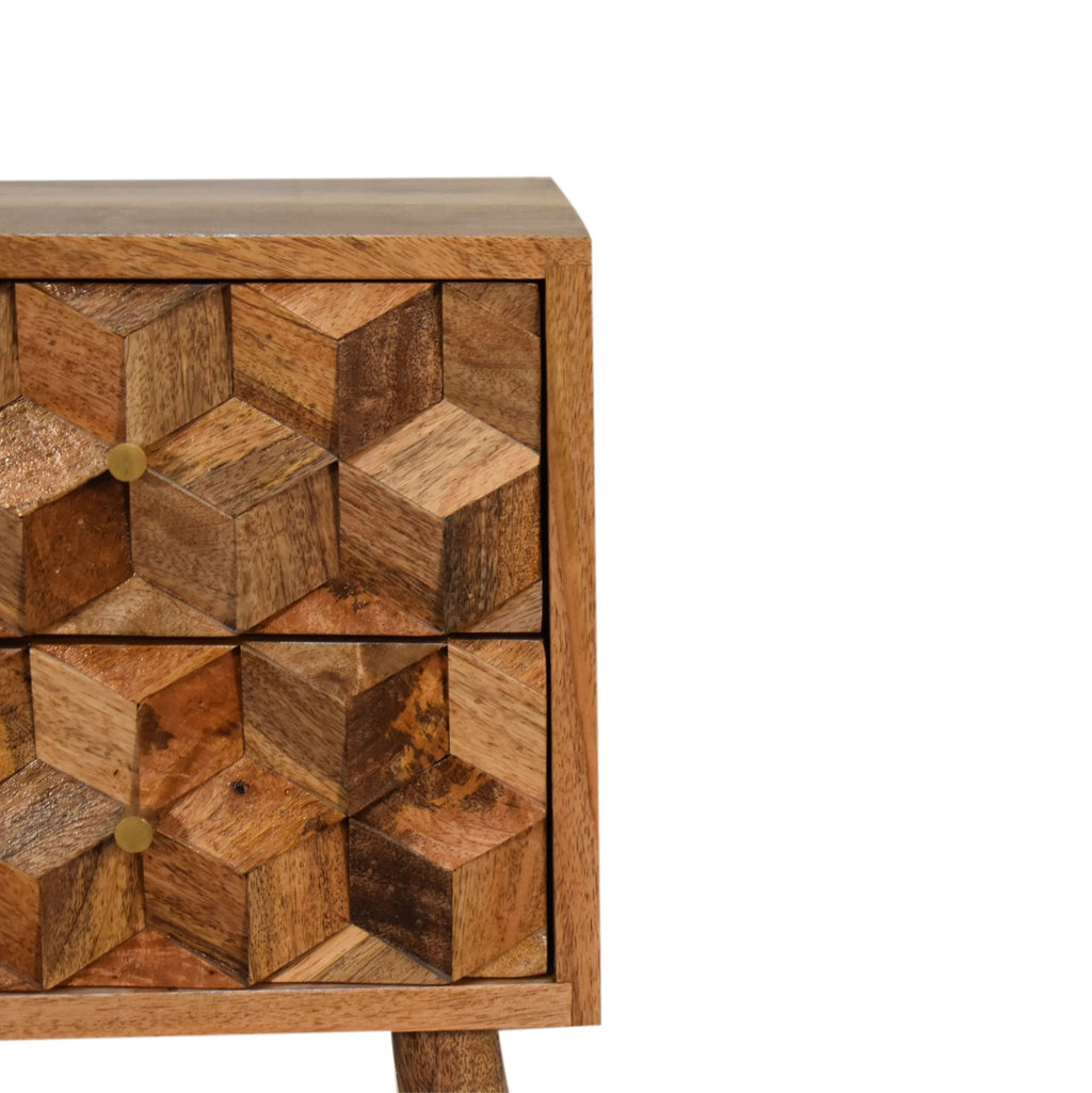 Compact Solid Mango Wood Bedside Table – Beige Finish, 2 Cube Carved Drawers