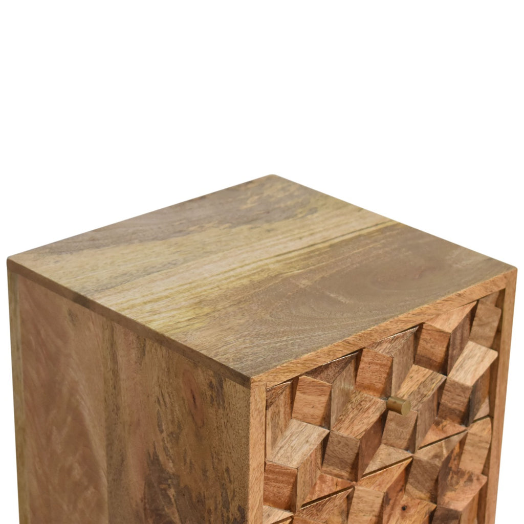 Compact Solid Mango Wood Bedside Table – Beige Finish, 2 Cube Carved Drawers
