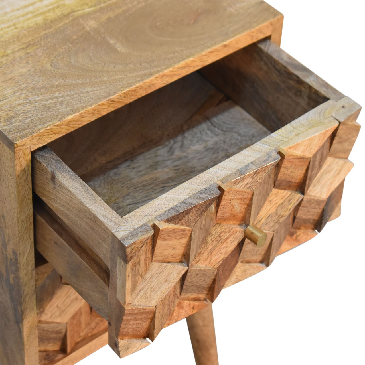 Compact Solid Mango Wood Bedside Table – Beige Finish, 2 Cube Carved Drawers