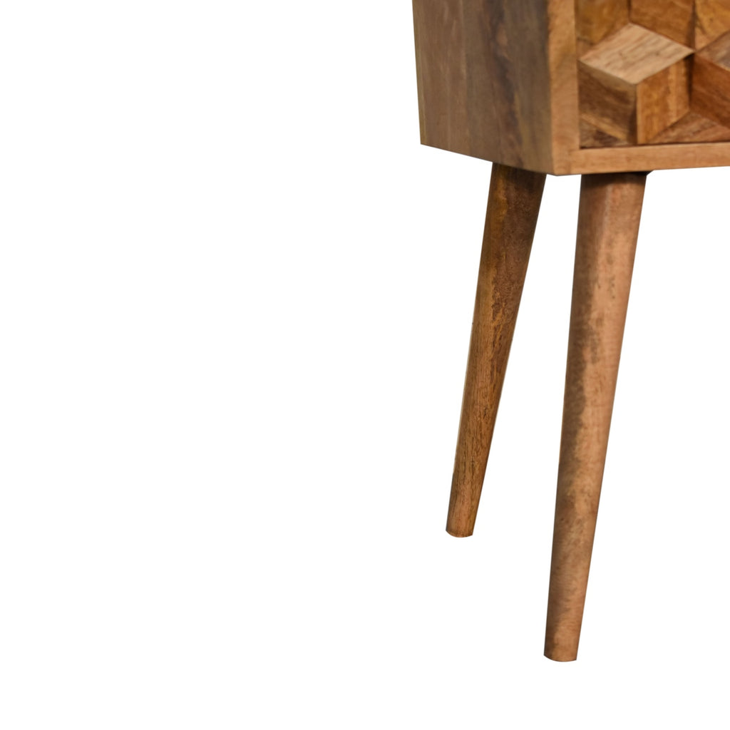 Compact Solid Mango Wood Bedside Table – Beige Finish, 2 Cube Carved Drawers