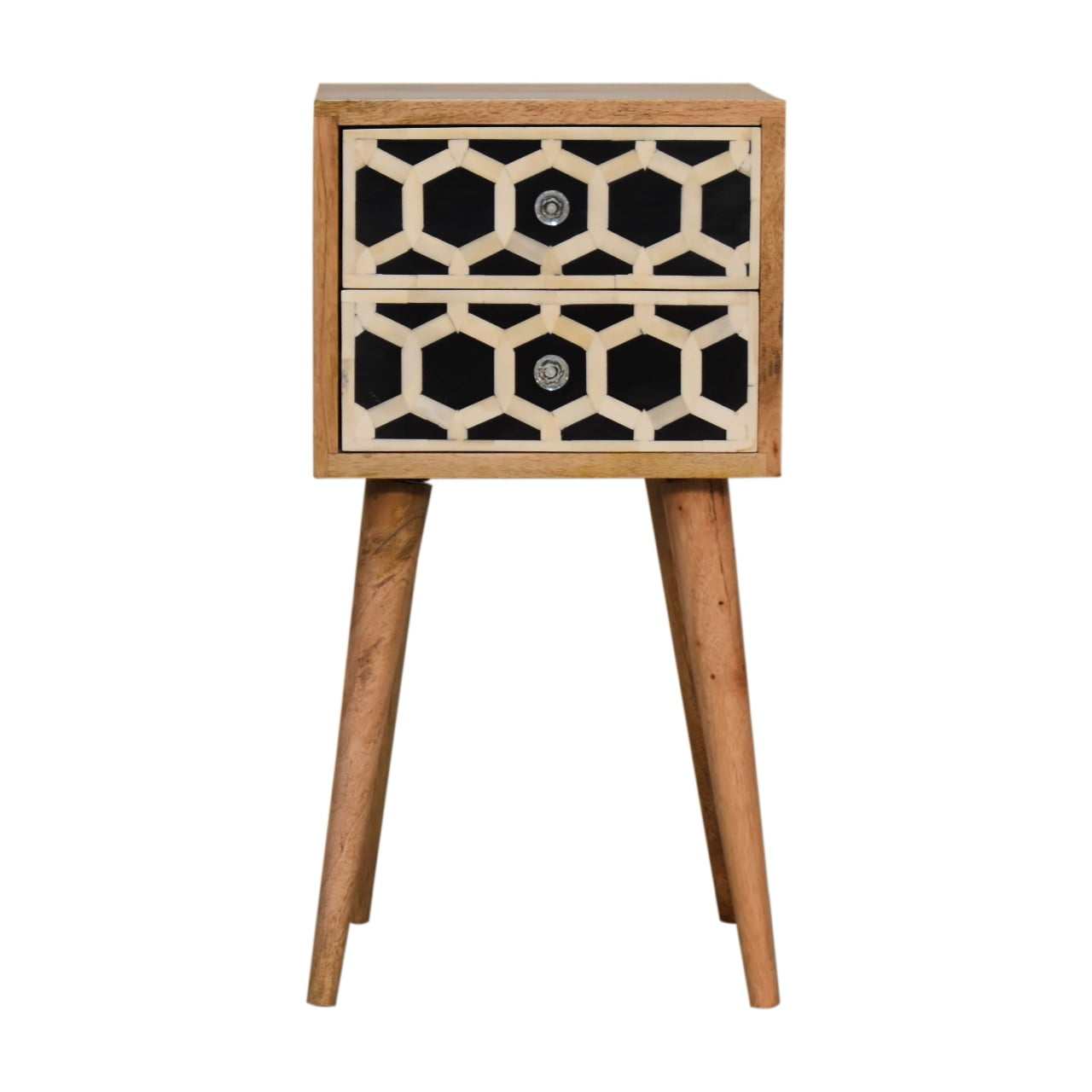 Contemporary Solid Mango Wood Bedside Table – Brown Finish, 2 Bone Inlay Drawers