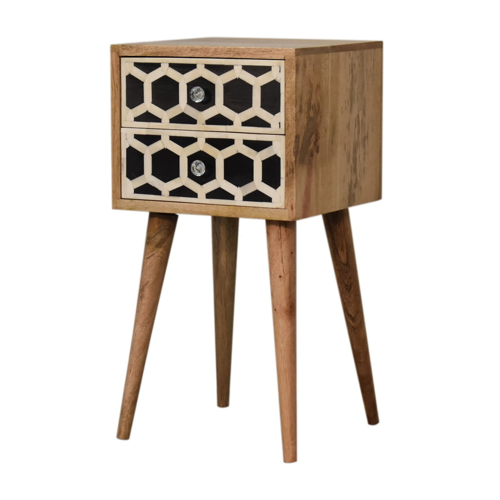 Contemporary Solid Mango Wood Bedside Table – Brown Finish, 2 Bone Inlay Drawers