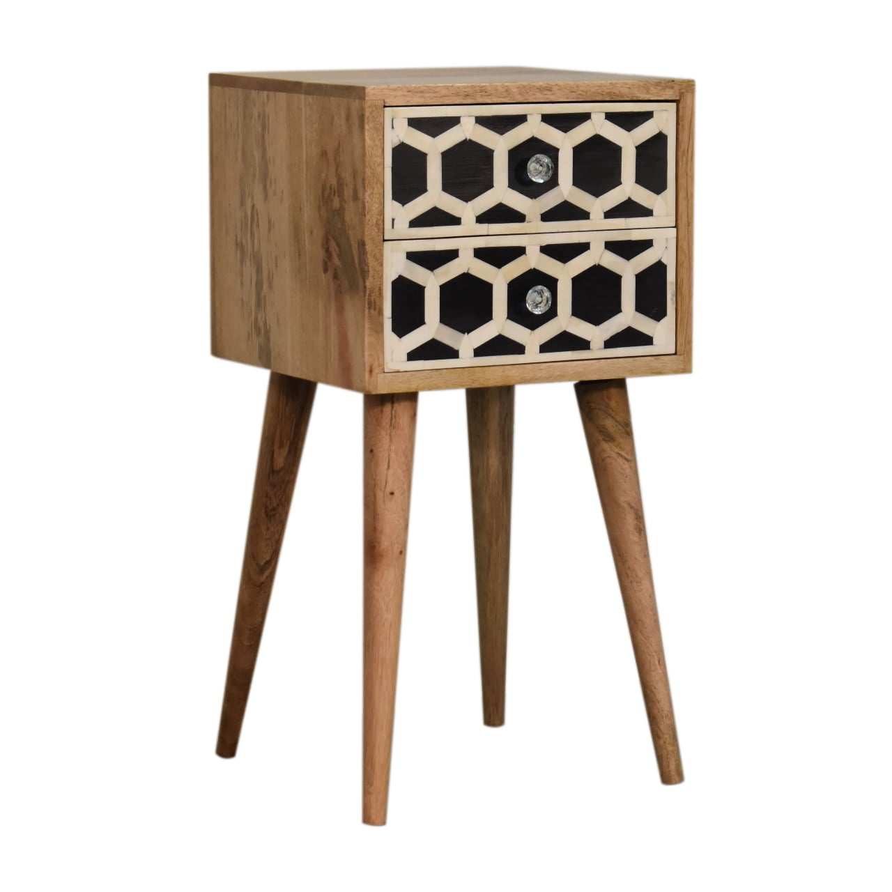 Contemporary Solid Mango Wood Bedside Table – Brown Finish, 2 Bone Inlay Drawers