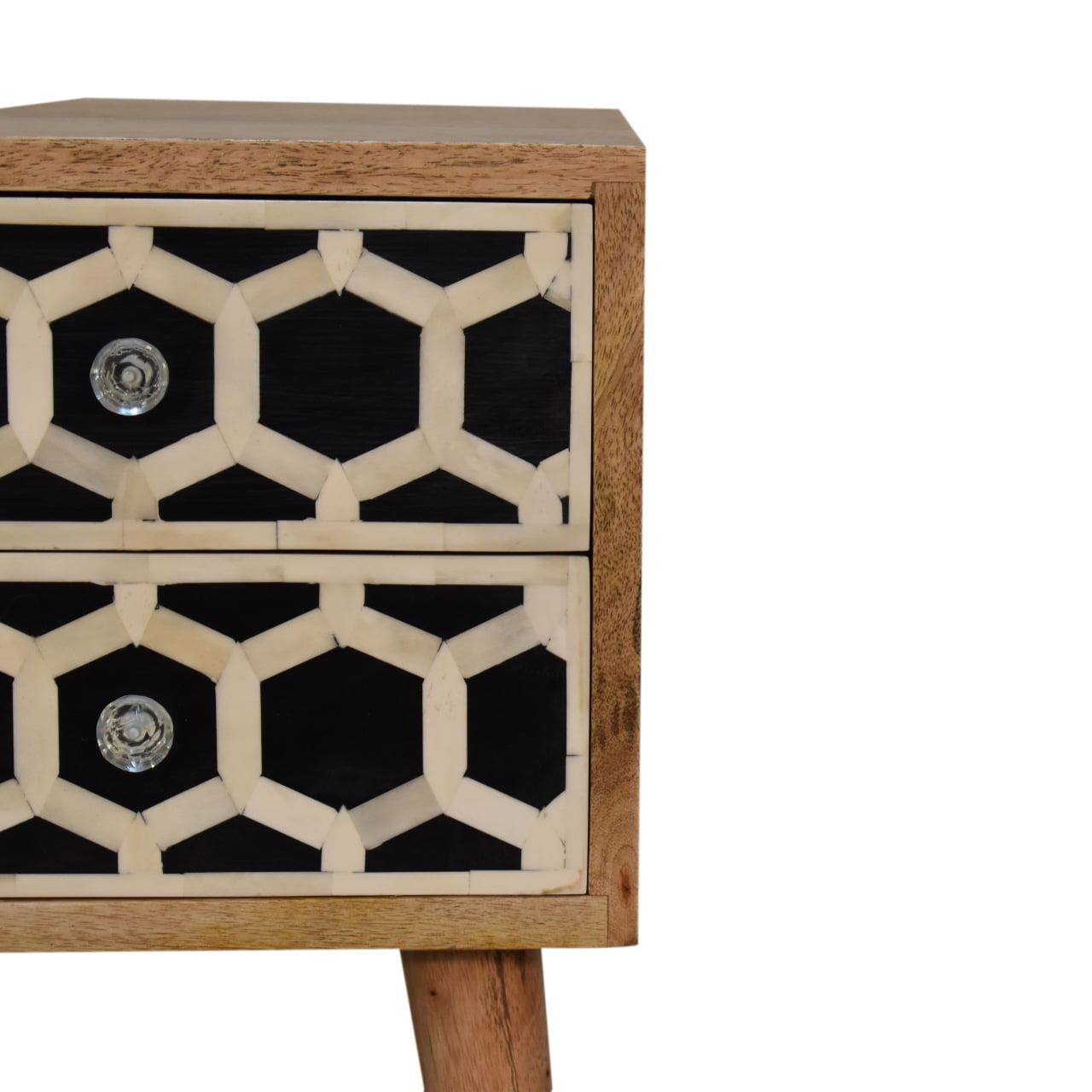 Contemporary Solid Mango Wood Bedside Table – Brown Finish, 2 Bone Inlay Drawers