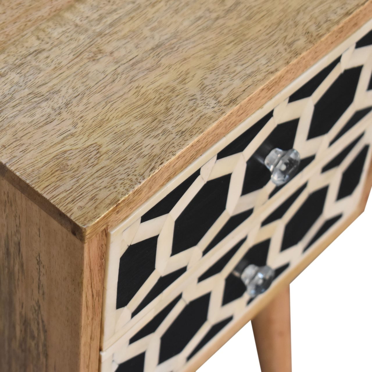Contemporary Solid Mango Wood Bedside Table – Brown Finish, 2 Bone Inlay Drawers