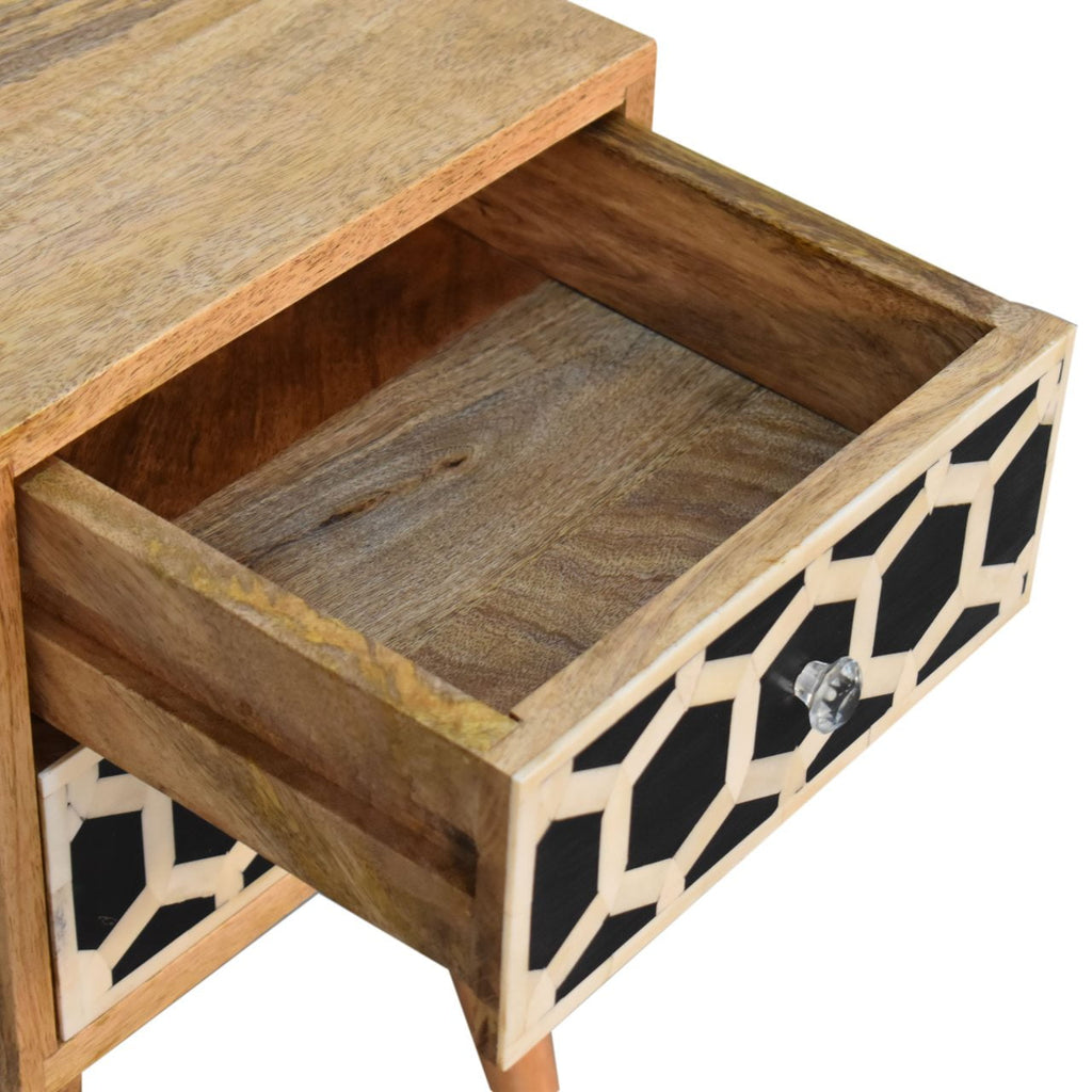 Contemporary Solid Mango Wood Bedside Table – Brown Finish, 2 Bone Inlay Drawers