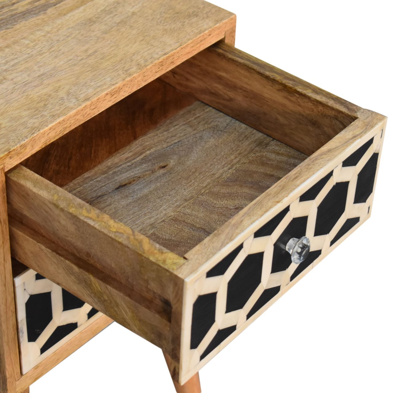 Contemporary Solid Mango Wood Bedside Table – Brown Finish, 2 Bone Inlay Drawers