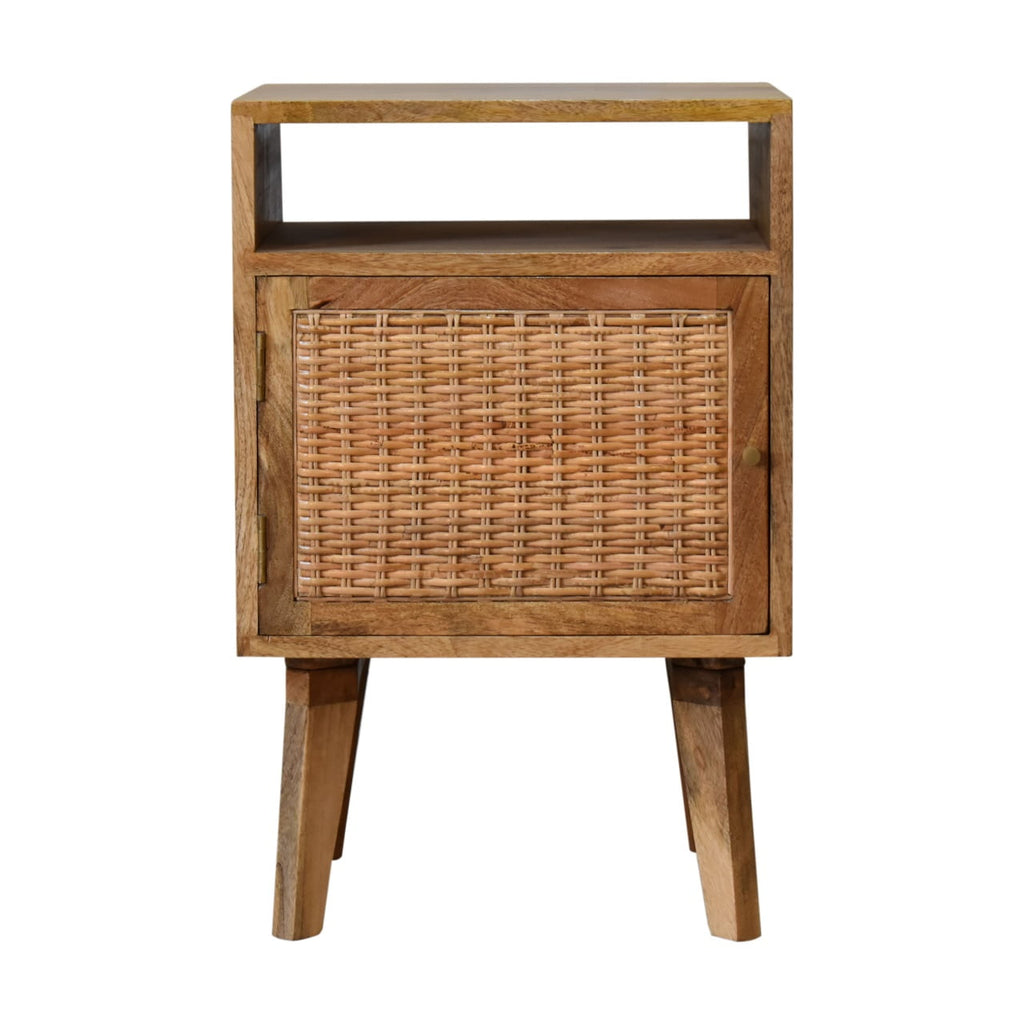 Space-Saving Solid Mango Wood Bedside Table – Brown Finish, Rattan Door Front