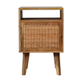 Space-Saving Solid Mango Wood Bedside Table – Brown Finish, Rattan Door Front
