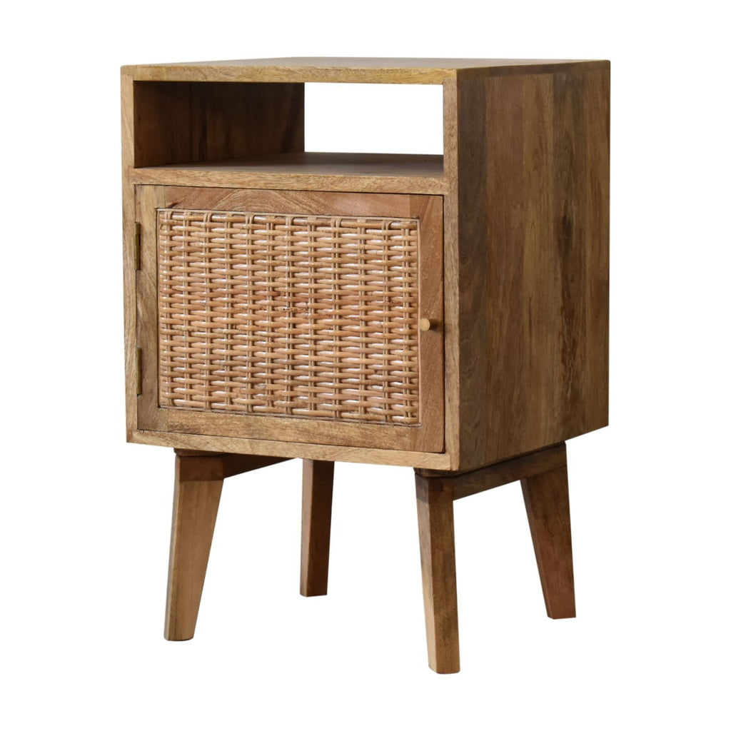 Space-Saving Solid Mango Wood Bedside Table – Brown Finish, Rattan Door Front