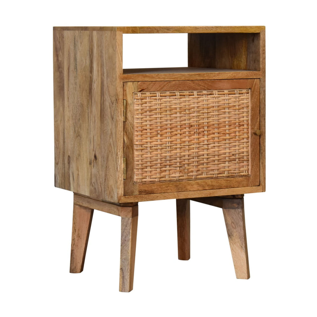 Space-Saving Solid Mango Wood Bedside Table – Brown Finish, Rattan Door Front