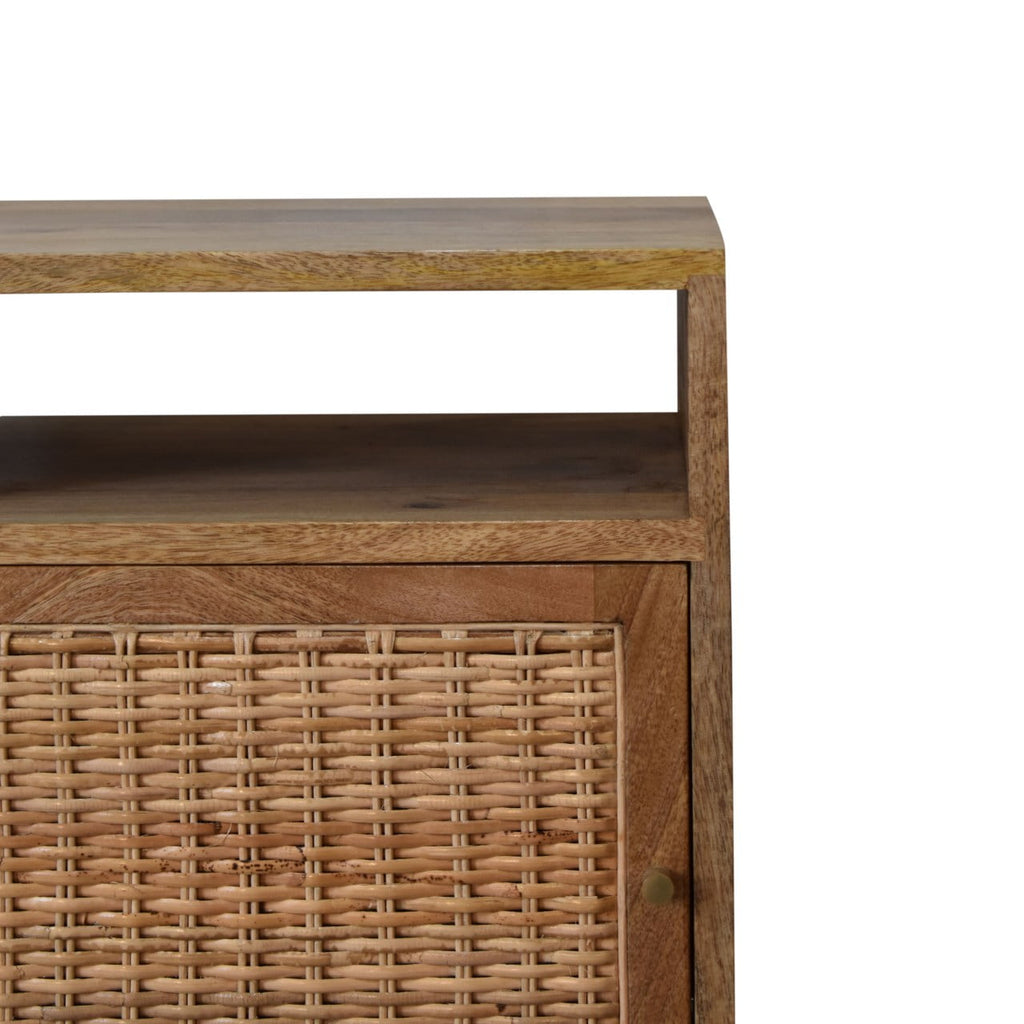 Space-Saving Solid Mango Wood Bedside Table – Brown Finish, Rattan Door Front