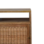 Space-Saving Solid Mango Wood Bedside Table – Brown Finish, Rattan Door Front