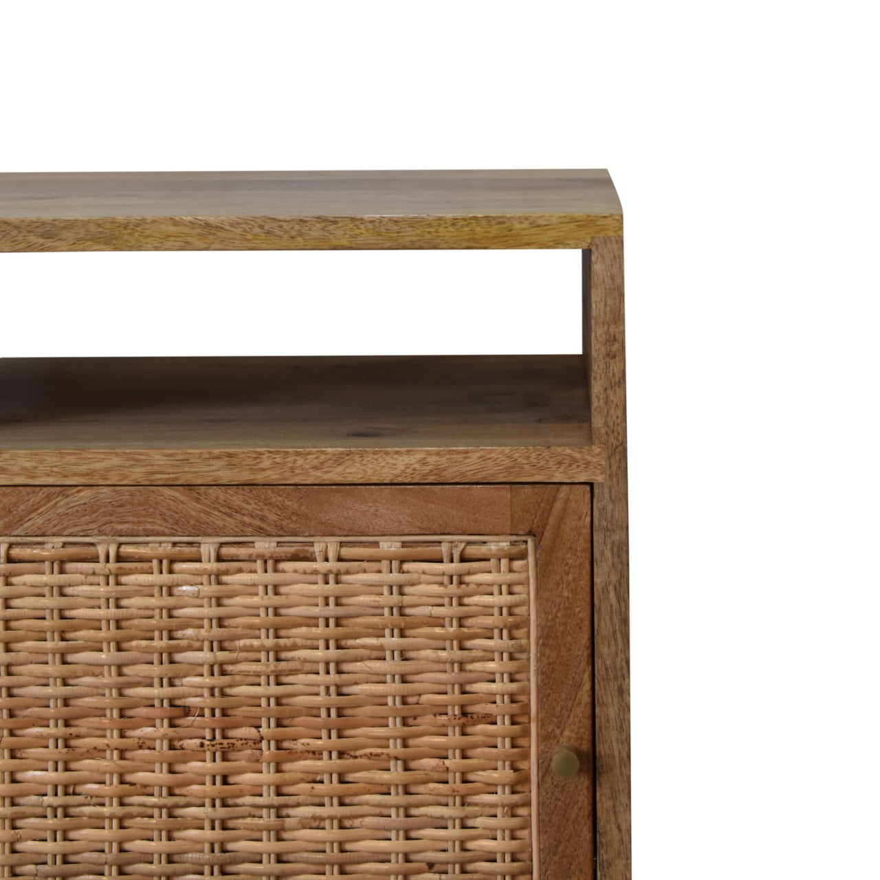 Space-Saving Solid Mango Wood Bedside Table – Brown Finish, Rattan Door Front