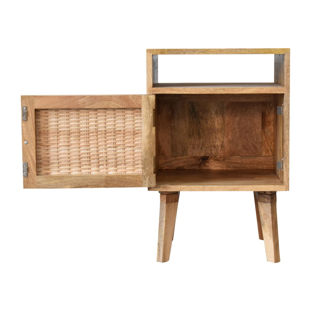 Space-Saving Solid Mango Wood Bedside Table – Brown Finish, Rattan Door Front
