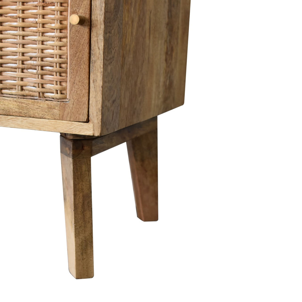 Space-Saving Solid Mango Wood Bedside Table – Brown Finish, Rattan Door Front