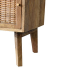 Space-Saving Solid Mango Wood Bedside Table – Brown Finish, Rattan Door Front