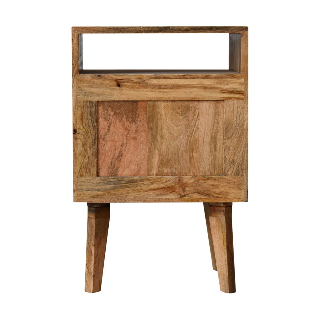 Space-Saving Solid Mango Wood Bedside Table – Brown Finish, Rattan Door Front