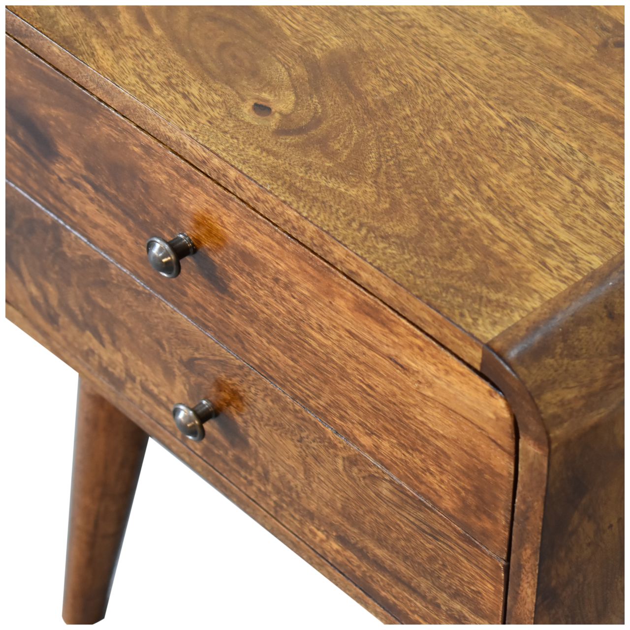 Compact Solid Mango Wood Bedside Table – Chestnut Finish, 2 Drawers