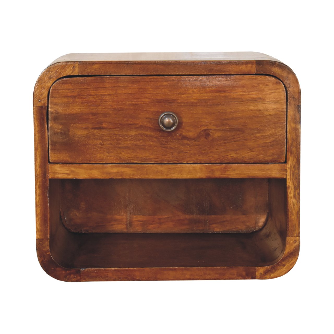 Modern Solid Mango Wood Wall-mounted Nightstand – Chestnut Finish, 1 Drawer
