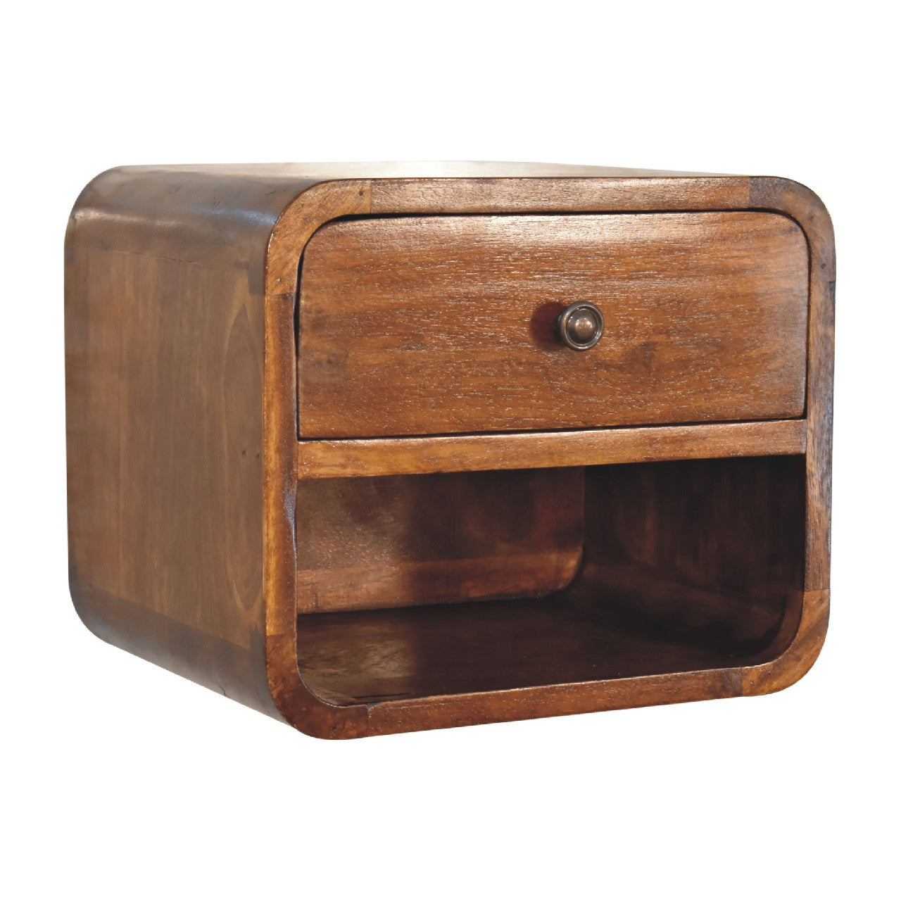 Modern Solid Mango Wood Wall-mounted Nightstand – Chestnut Finish, 1 Drawer