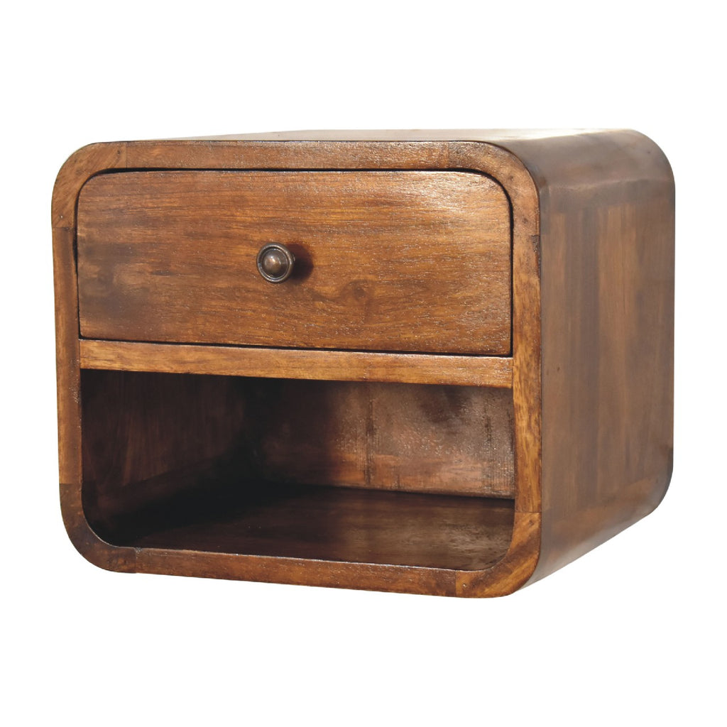 Modern Solid Mango Wood Wall-mounted Nightstand – Chestnut Finish, 1 Drawer
