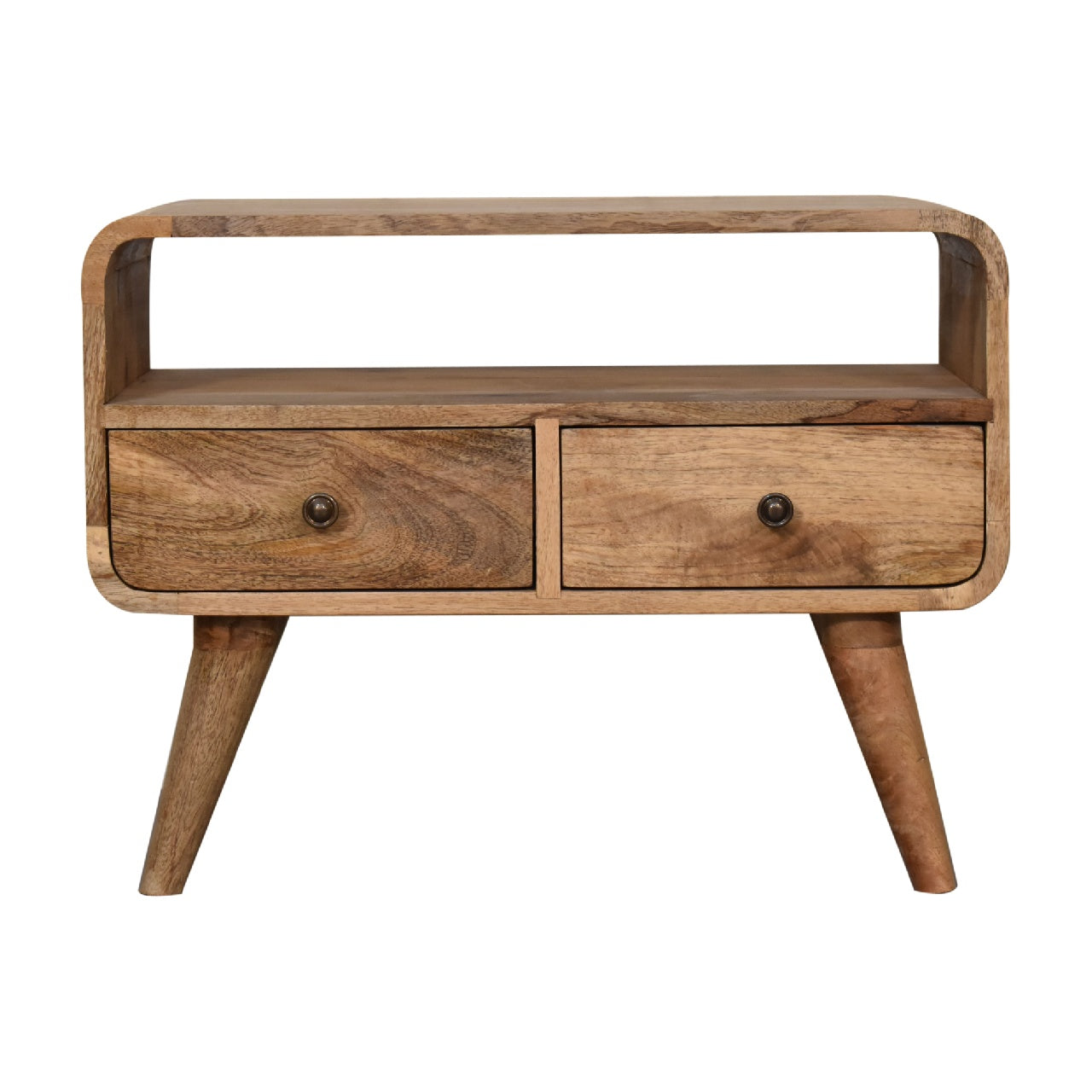 Compact Solid Mango Wood TV Unit – Brown Finish, Dual Drawers and Open Slot